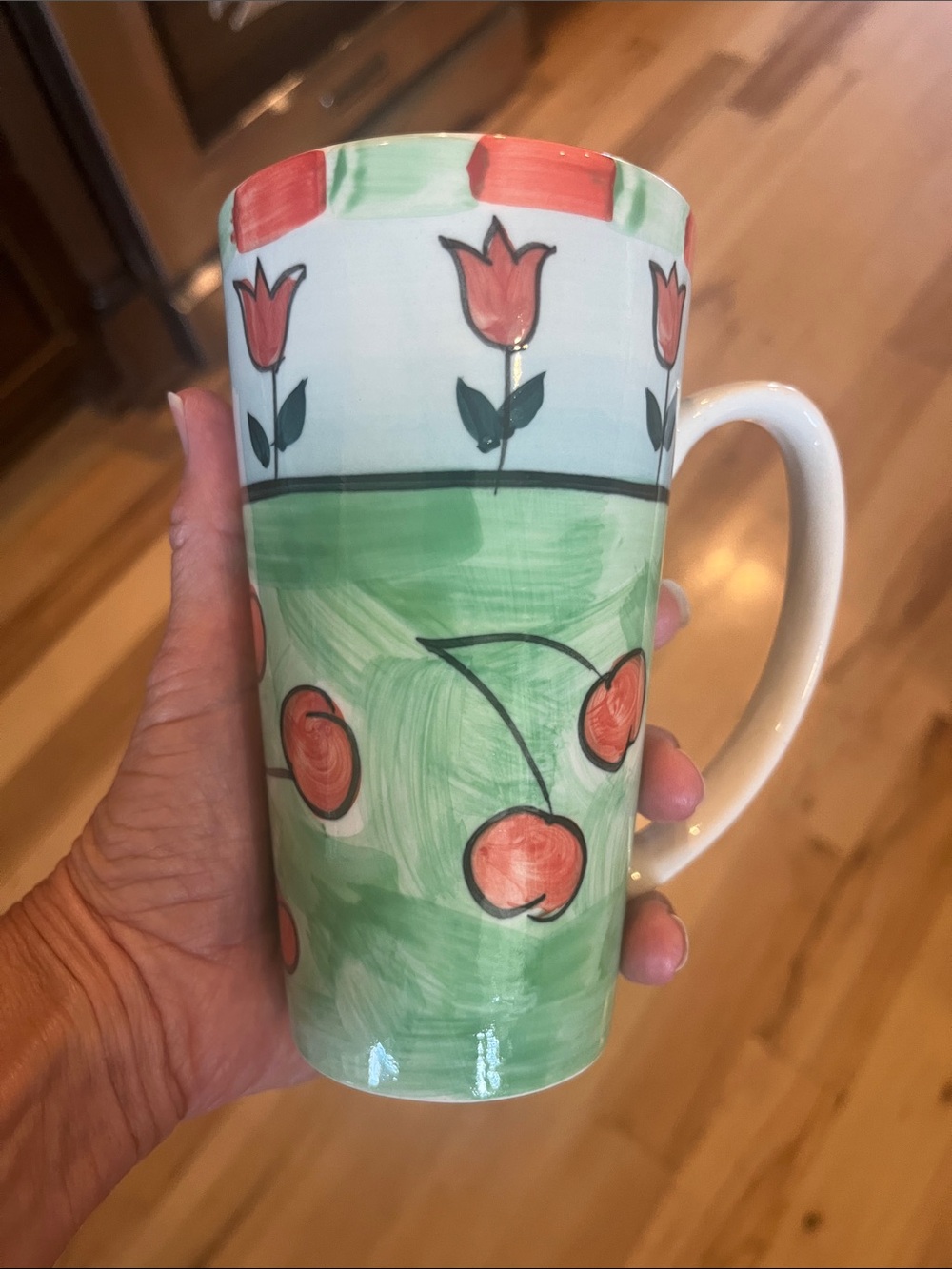 Hand-Painted Floral & Cherry Ceramic Mug in Green and Coral